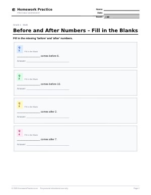 Before and After Numbers – Fill in the Blanks worksheet thumbnail