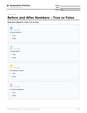 Before and After Numbers – True or False worksheet thumbnail