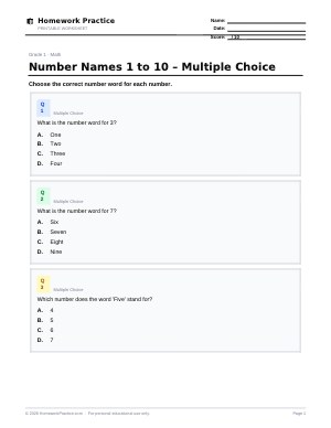 Number Names 1 to 10 – Multiple Choice worksheet thumbnail