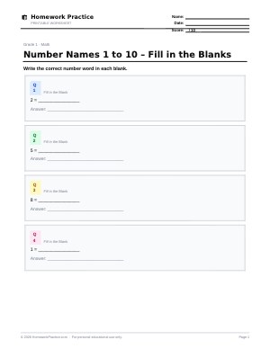 Number Names 1 to 10 – Fill in the Blanks worksheet thumbnail